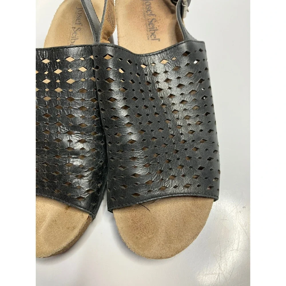 Josef Seibel black laser cut leather sandals women's size 39 8.5 business casual